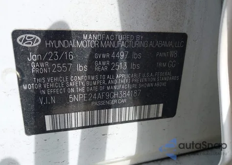 2016 Hyundai Sonata Se z USA, uszkodzony, nr VIN 5NPE24AF9GH384187